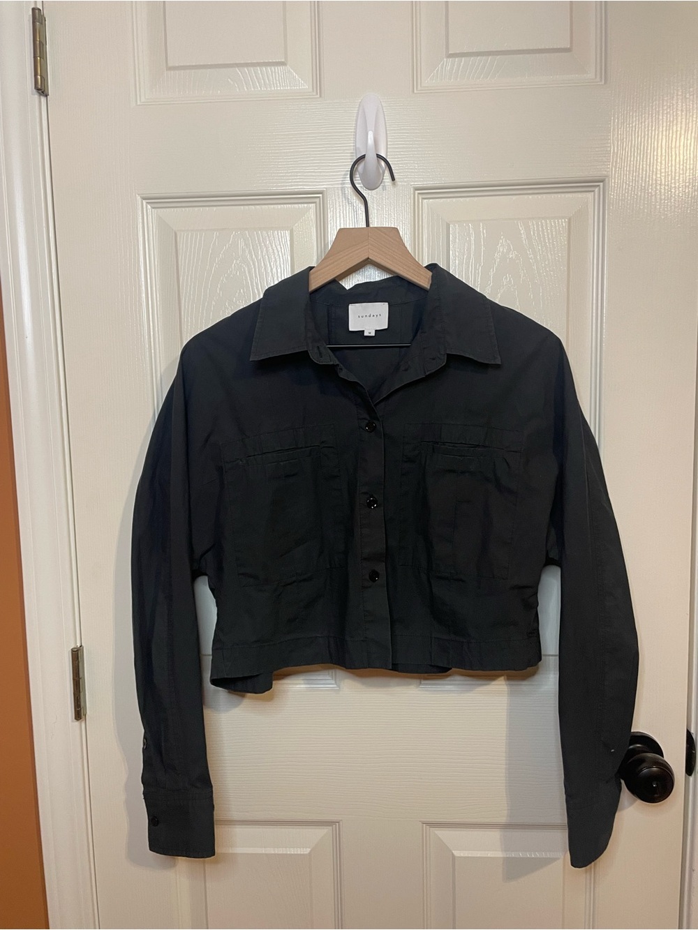 Sundays Cropped Structured Button Down Top in Black Utility Chic Size Medium